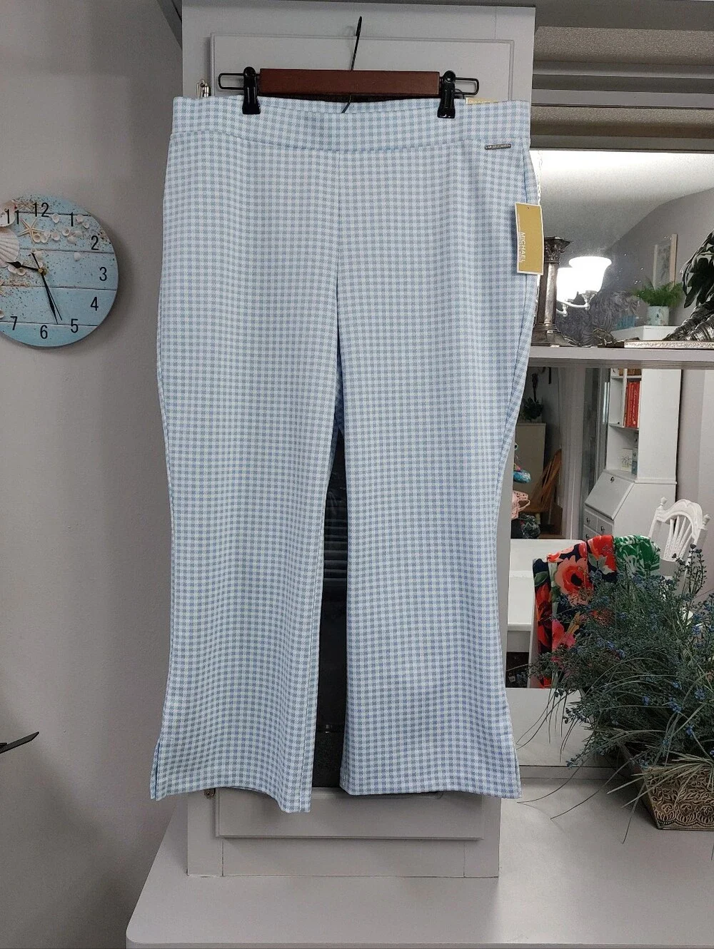 Michael Kors Crop Flare Pull On Pants Pastel Blue Gingham NWT